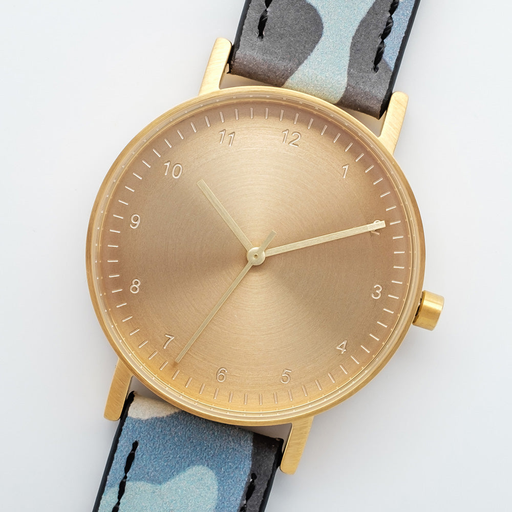 B60 Watch, Gold Case, Gold Dial, Leather Strap - Camouflage Blue