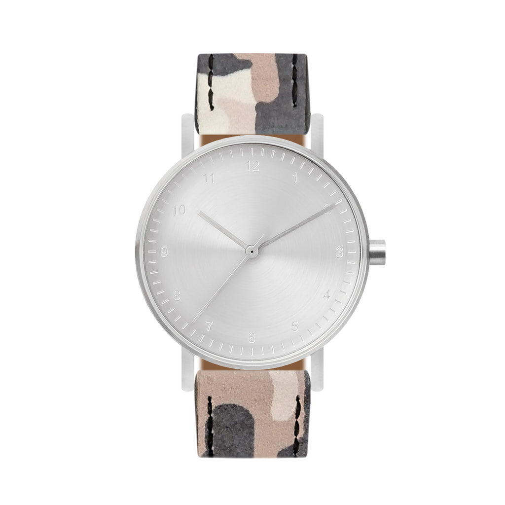 B60 Watch, Silver Case, silver Dial, Leather Strap - Camouflage Khaki