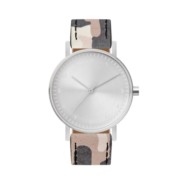 B60 Watch, Silver Case, silver Dial, Leather Strap - Camouflage Khaki