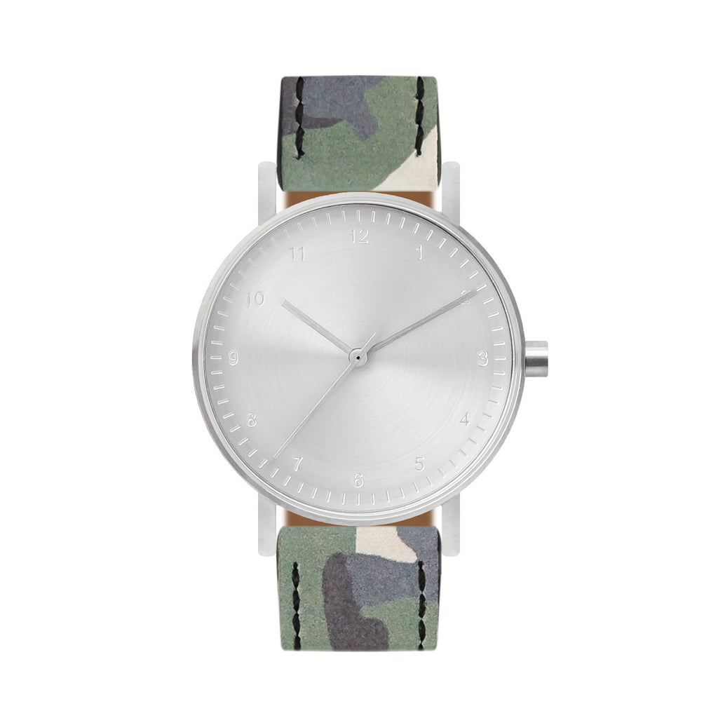 B60 Watch, Silver Case, silver Dial, Leather Strap - Camouflage Green
