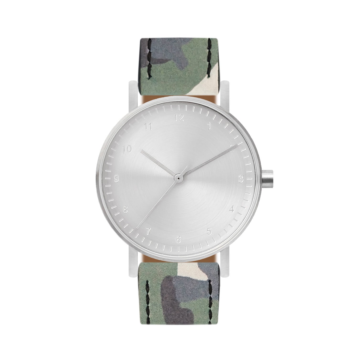 B60 Watch, Silver Case, silver Dial, Leather Strap - Camouflage Green - BIJOUONE