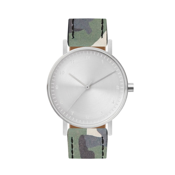 B60 Watch, Silver Case, silver Dial, Leather Strap - Camouflage Green