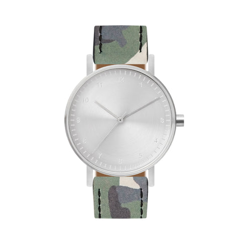 B60 Watch, Silver Case, silver Dial, Leather Strap - Camouflage Green - BIJOUONE