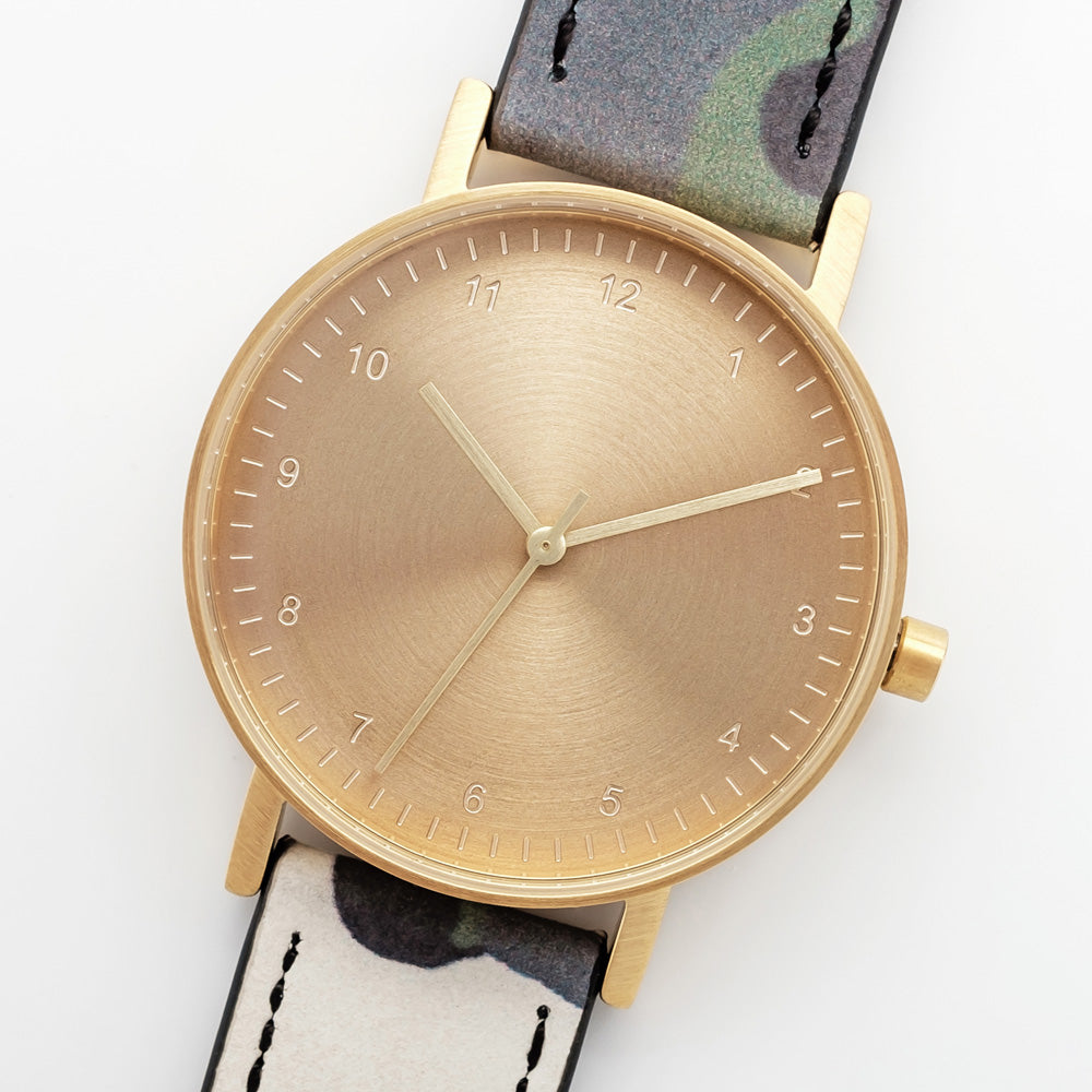 B60 Watch, Gold Case, Gold Dial, Leather Strap - Camouflage Green