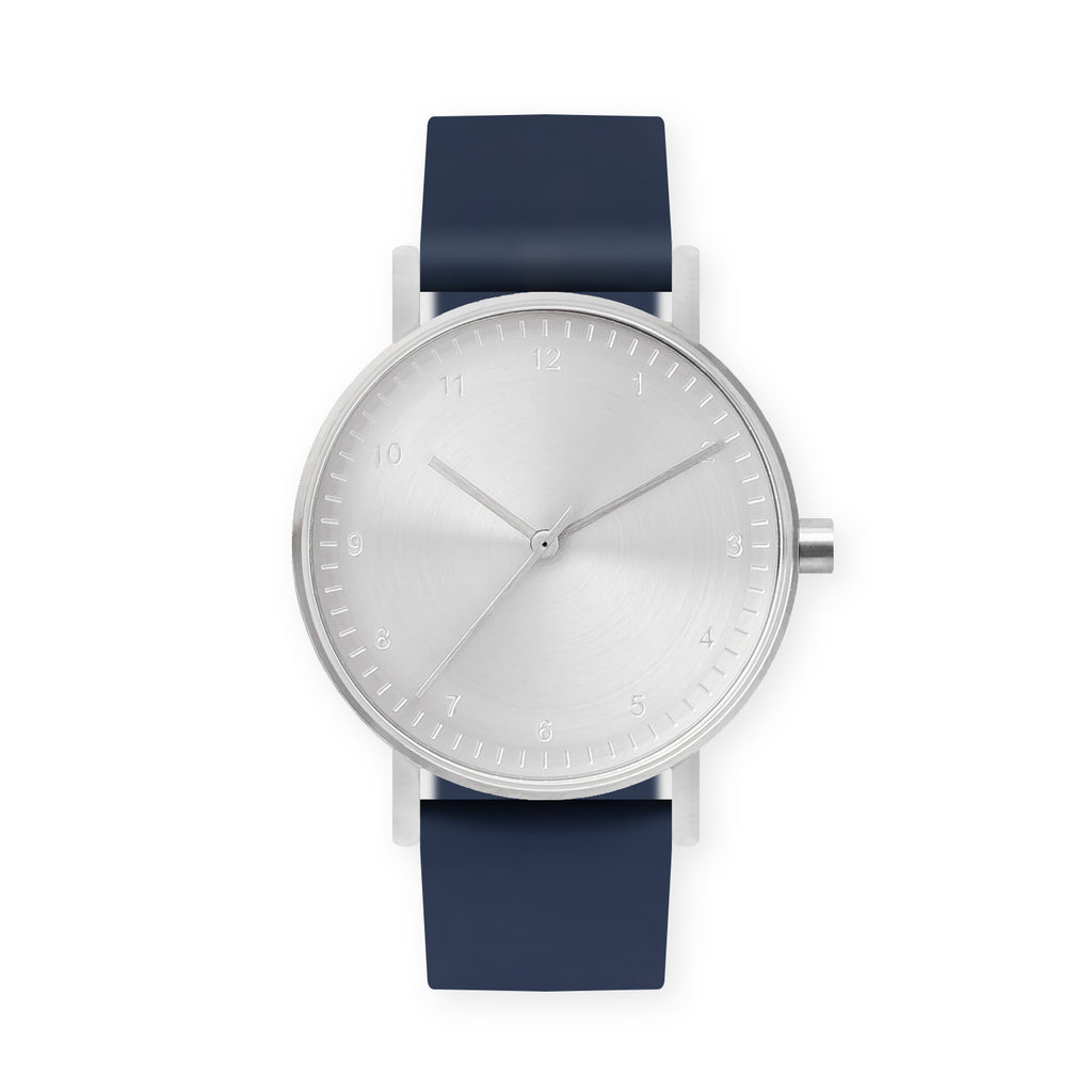 B60 Watch, Silver Case, Silver Dial, Rubber Strap - 0013-Midnight Blue