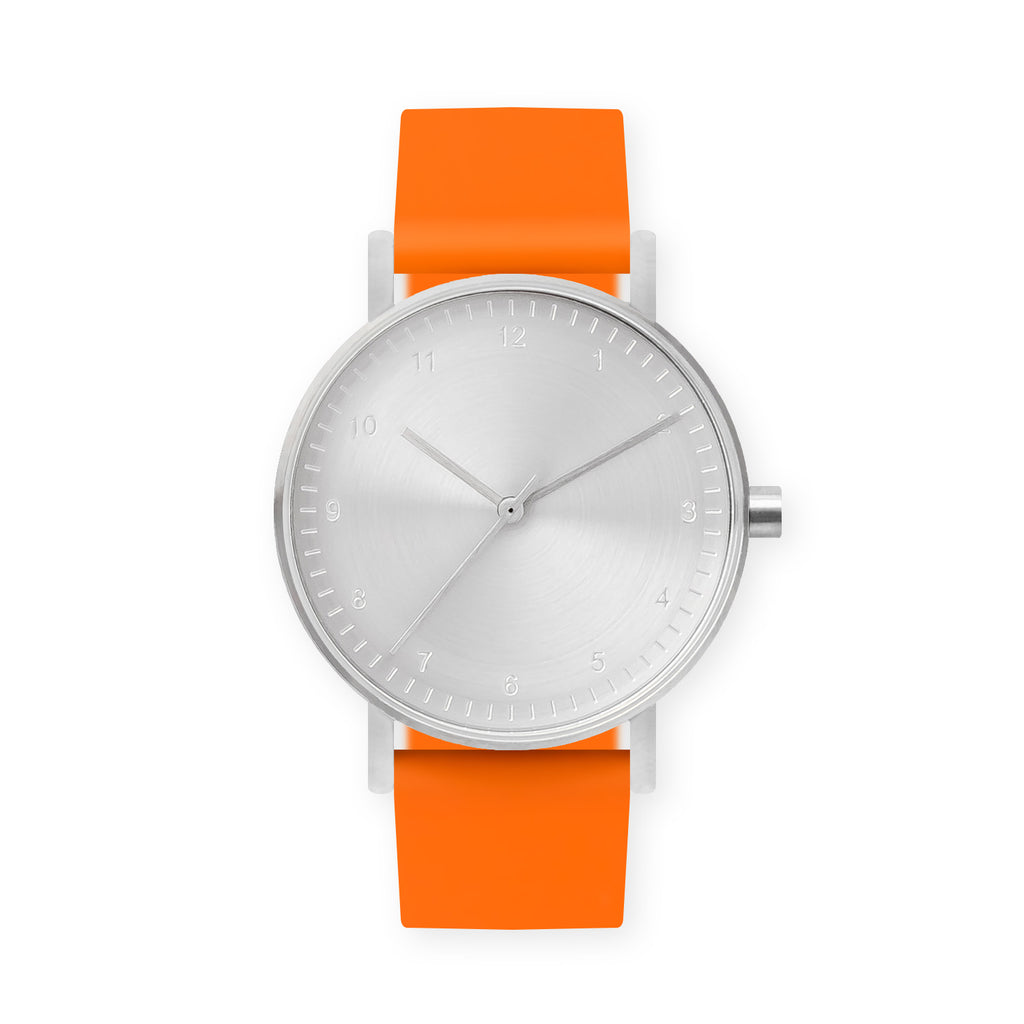 B60 Watch, Silver Case, Silver Dial, Rubber Strap - 0014-Orange