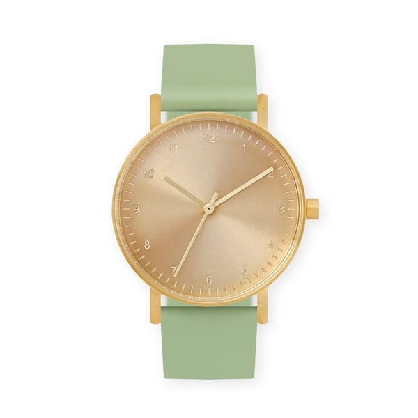 B60 Watch, Gold Case, Gold Dial, Rubber Strap - 0018-Mint Green
