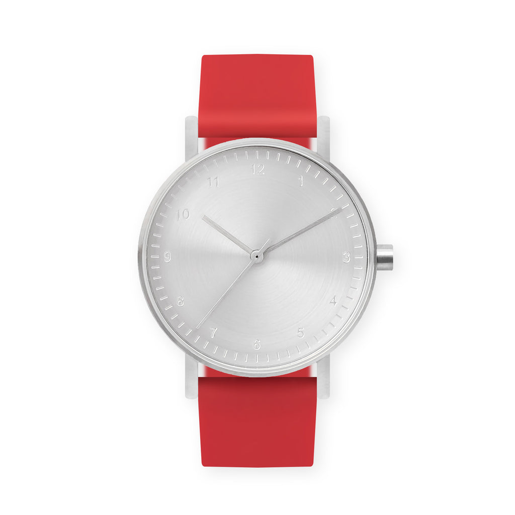 B60 Watch, Silver Case, Silver Dial, Rubber Strap - 0021-Red