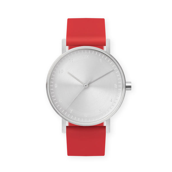 B60 Watch, Silver Case, Silver Dial, Rubber Strap - 0021-Red