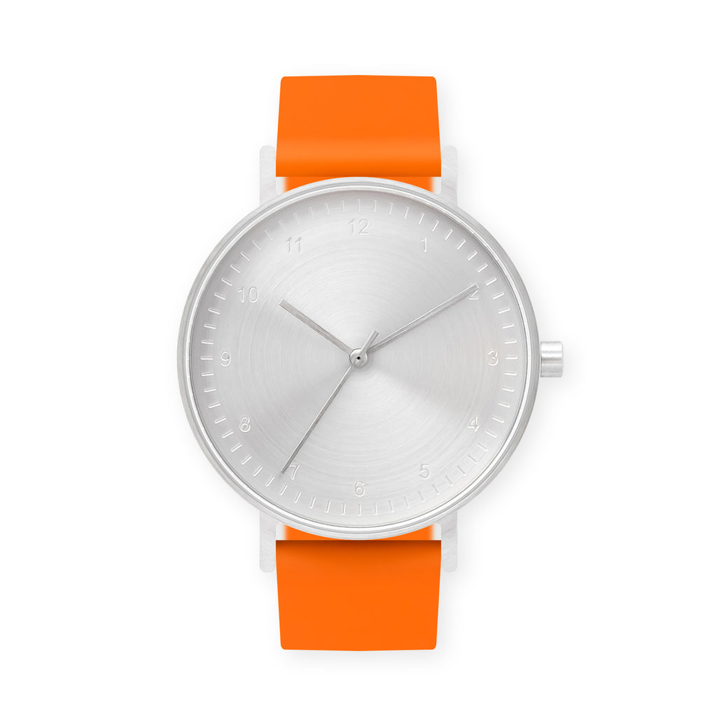 B60 Watch, Silver Case, Silver Dial, Rubber Strap - 0014-Orange
