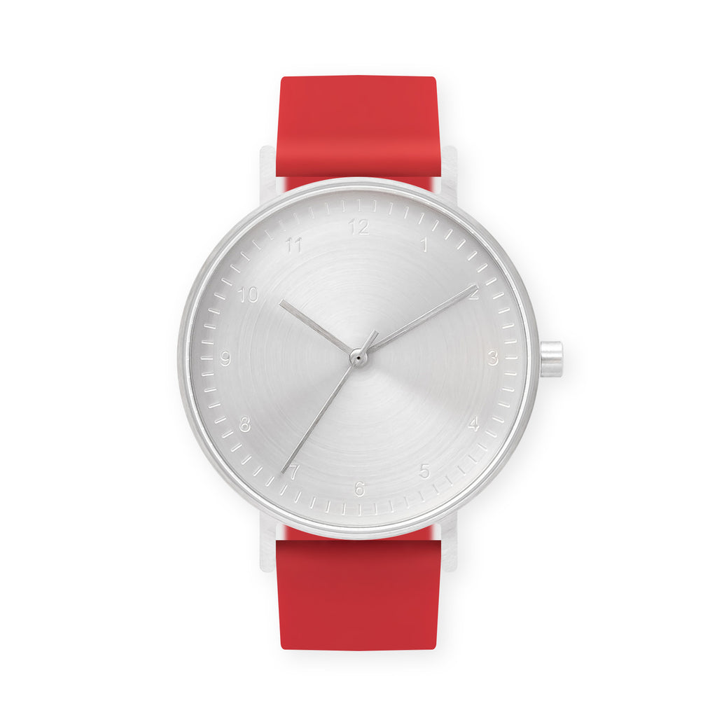 B60 Watch, Silver Case, Silver Dial, Rubber Strap - 0021-Red