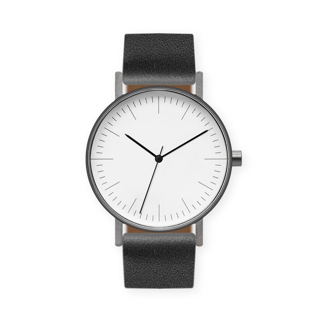 B001 Watch, Gunmetal Case, White Dial, Leather Strap - Black