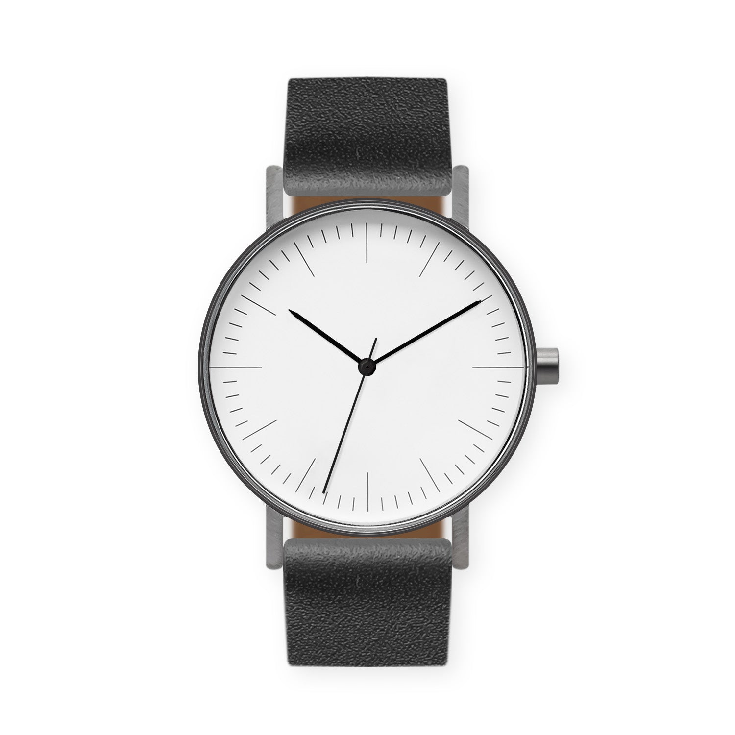B001 Watch, Gunmetal Case, White Dial, Leather Strap - Black - BIJOUONE
