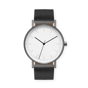 B001 Watch, Gunmetal Case, White Dial, Leather Strap - Black - BIJOUONE