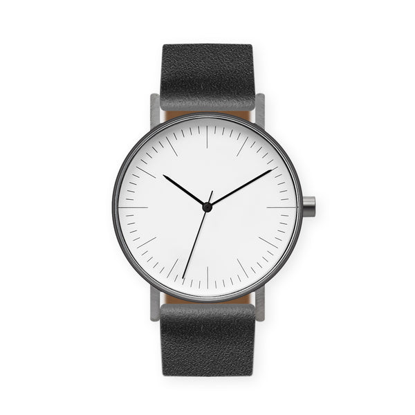 B001 Watch, Gunmetal Case, White Dial, Leather Strap - Black