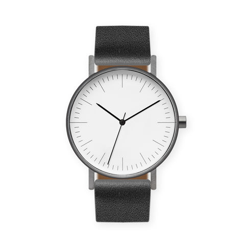 B001 Watch, Gunmetal Case, White Dial, Leather Strap - Black