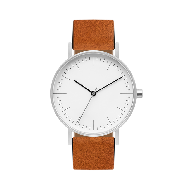 B001 Watch, Silver Case, White Dial, Leather Strap - Tan