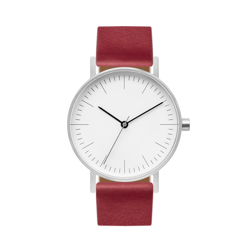 B001 Watch, Silver Case, White Dial, Leather Strap - Red