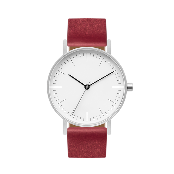 B001 Watch, Silver Case, White Dial, Leather Strap - Red