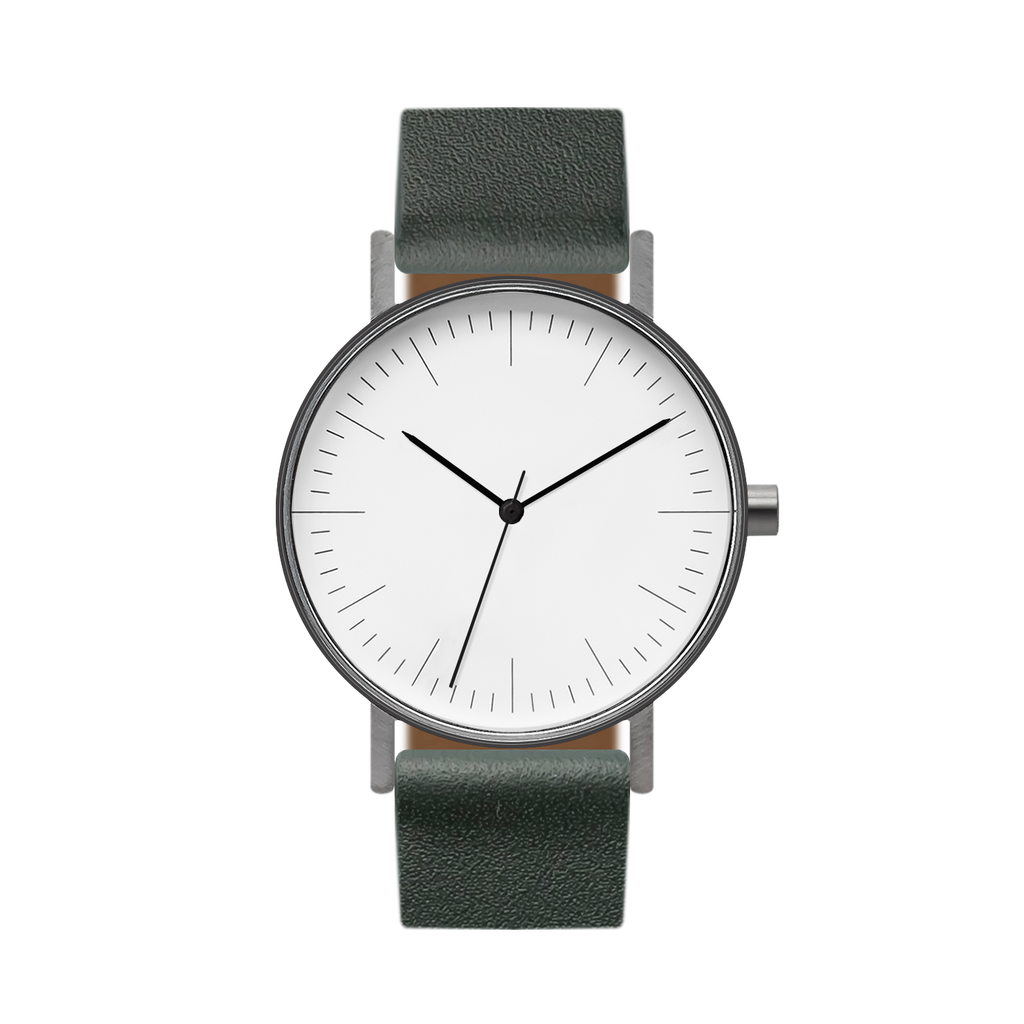 B001 Watch, Gunmetal Case, White Dial, Leather Strap - Green