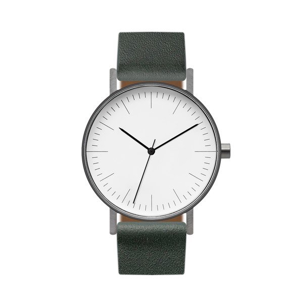 B001 Watch, Gunmetal Case, White Dial, Leather Strap - Green