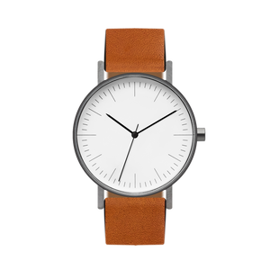 B001 Watch, Gunmetal Case, White Dial, Leather Strap - Tan - BIJOUONE
