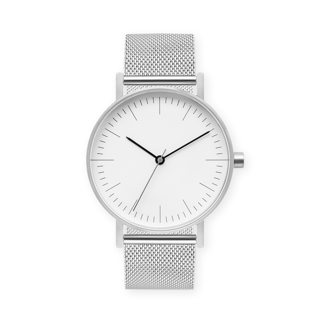 B001 Watch, Silver Case, White Dial, Stainless Steel Mesh Strap