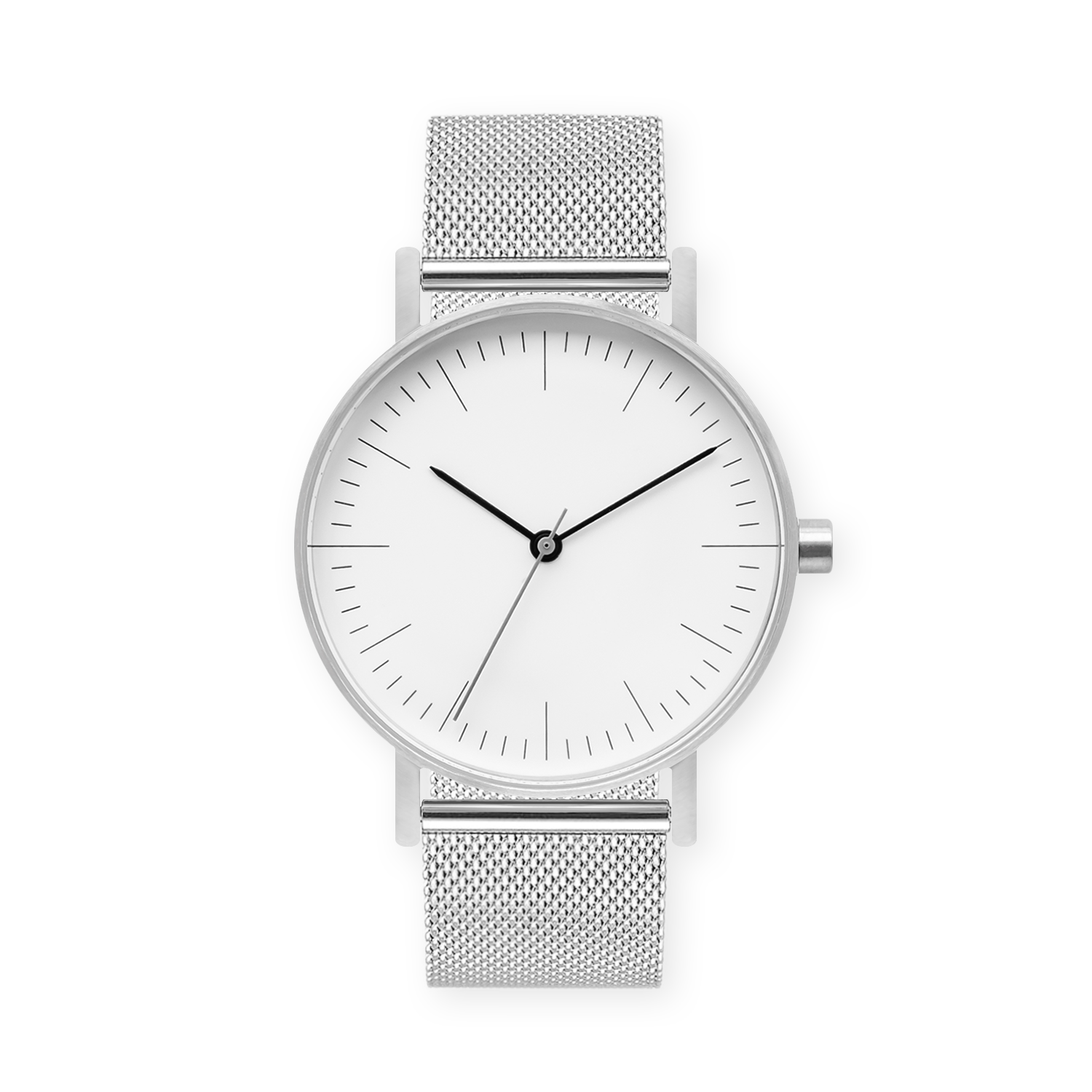 B001 Watch, Silver Case, White Dial, Stainless Steel Mesh Strap - BIJOUONE