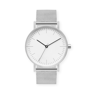 B001 Watch, Silver Case, White Dial, Stainless Steel Mesh Strap - BIJOUONE