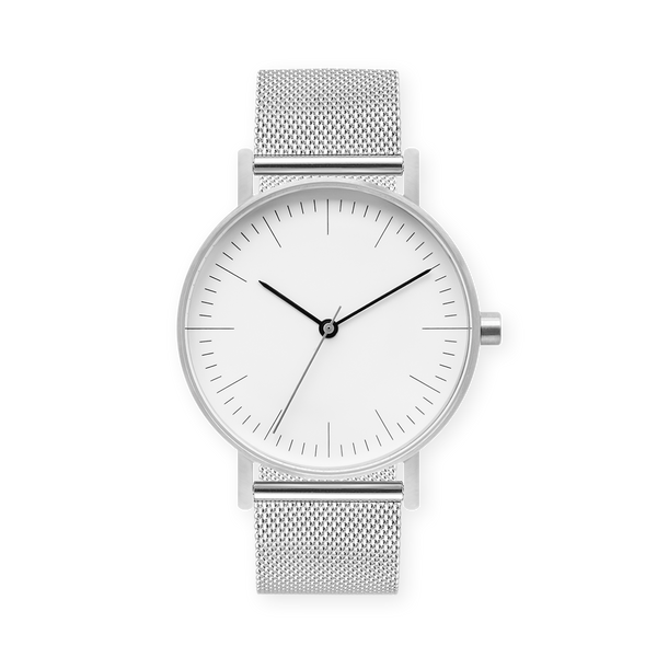 B001 Watch, Silver Case, White Dial, Stainless Steel Mesh Strap