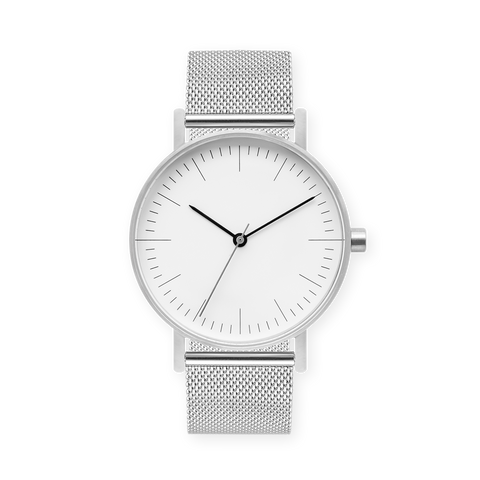 B001 Watch, Silver Case, White Dial, Stainless Steel Mesh Strap