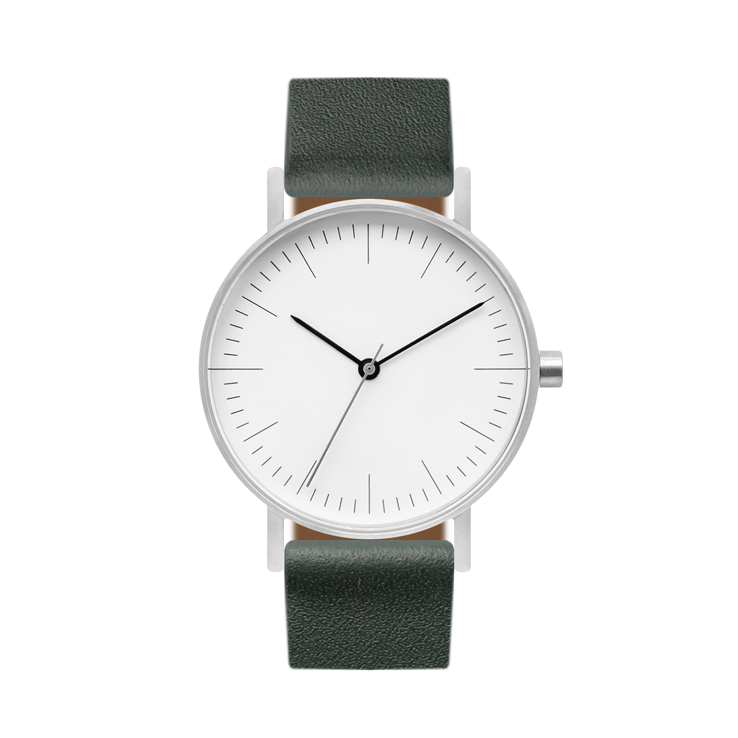 B001 Watch, Silver Case, White Dial, Leather Strap - Green