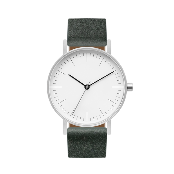 B001 Watch, Silver Case, White Dial, Leather Strap - Green