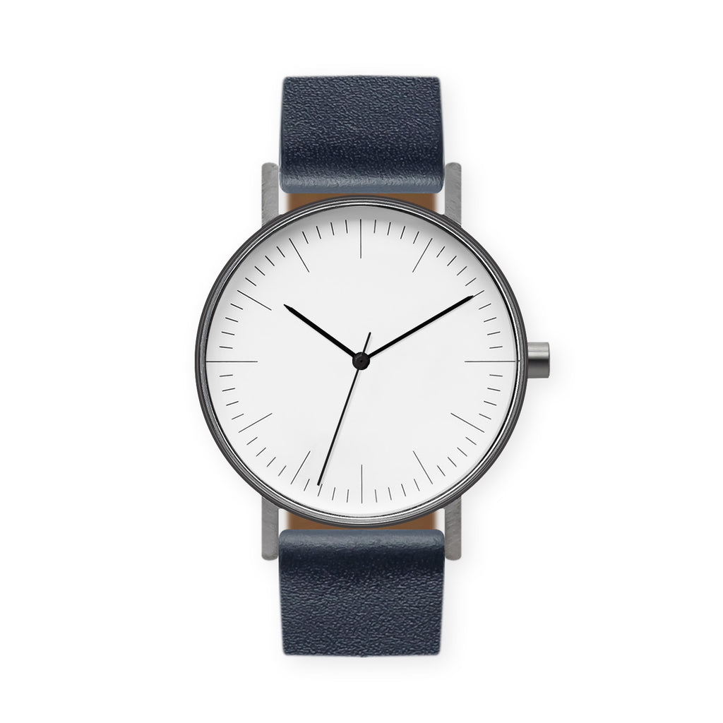 B001 Watch, Gunmetal Case, White Dial, Leather Strap - Navy