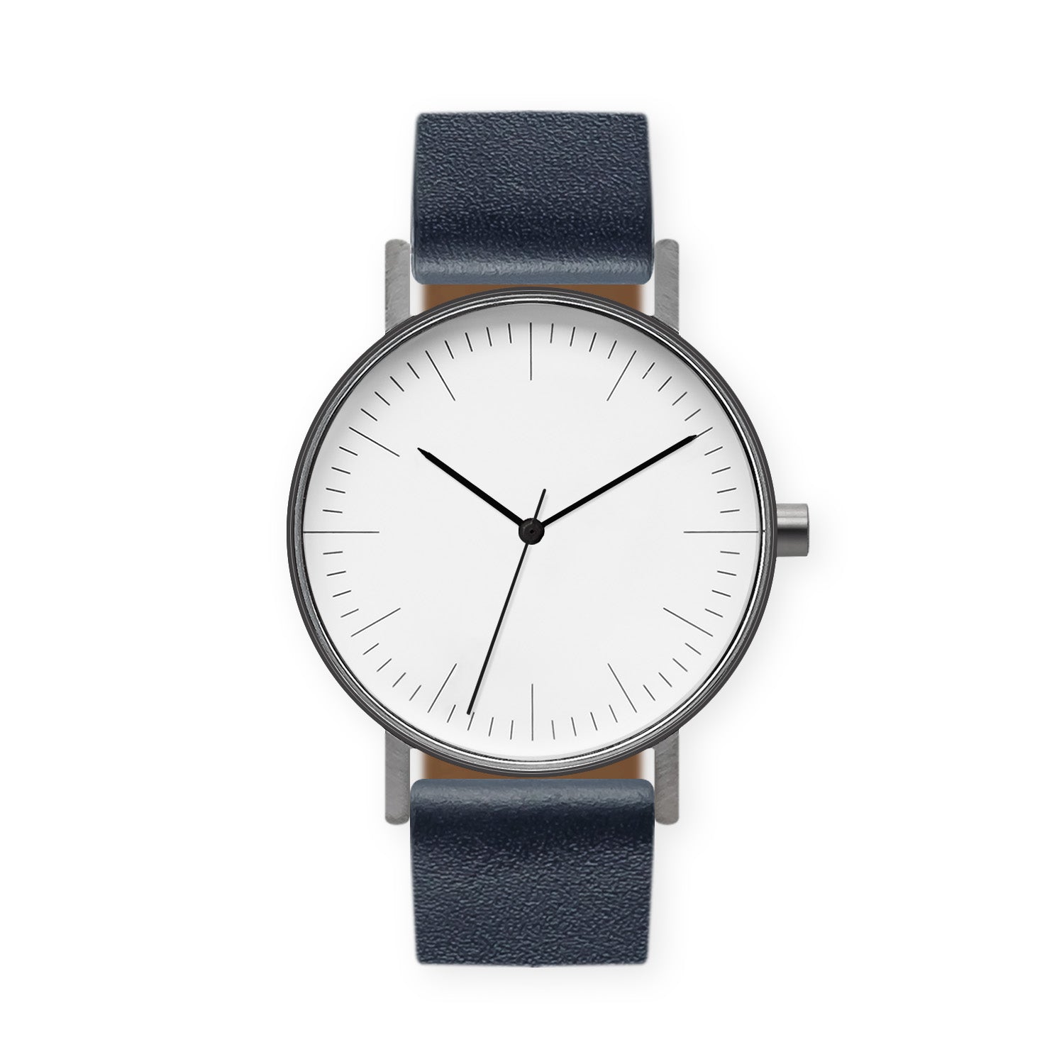 B001 Watch, Gunmetal Case, White Dial, Leather Strap - Navy - BIJOUONE