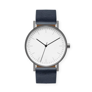 B001 Watch, Gunmetal Case, White Dial, Leather Strap - Navy - BIJOUONE