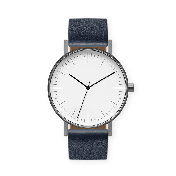B001 Watch, Gunmetal Case, White Dial, Leather Strap - Navy