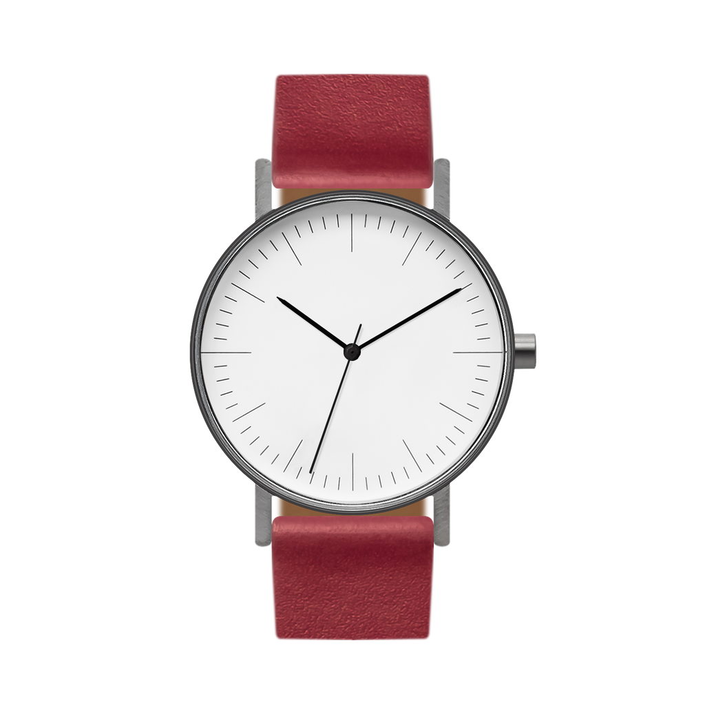 B001 Watch, Gunmetal Case, White Dial, Leather Strap - Red
