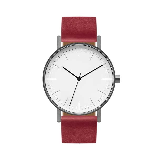 B001 Watch, Gunmetal Case, White Dial, Leather Strap - Red