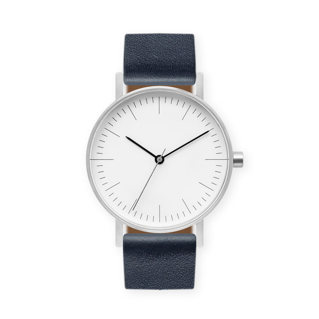 B001 Watch, Silver Case, White Dial, Leather Strap - Navy