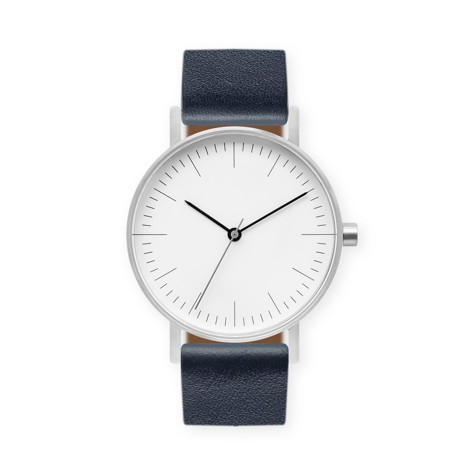 B001 Watch, Silver Case, White Dial, Leather Strap - Navy - BIJOUONE