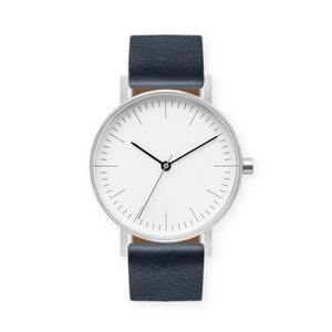 B001 Watch, Silver Case, White Dial, Leather Strap - Navy - BIJOUONE