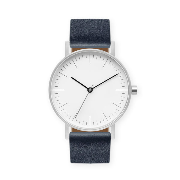 B001 Watch, Silver Case, White Dial, Leather Strap - Navy