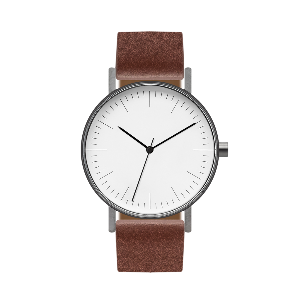 B001 Watch, Gunmetal Case, White Dial, Leather Strap - Coffee