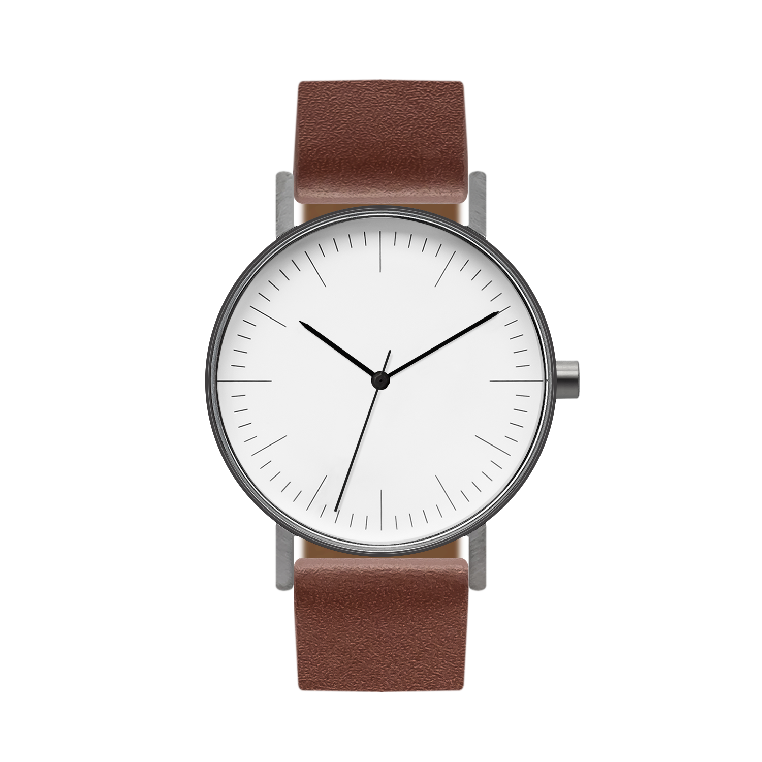 B001 Watch, Gunmetal Case, White Dial, Leather Strap - Coffee - BIJOUONE