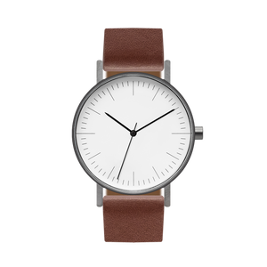 B001 Watch, Gunmetal Case, White Dial, Leather Strap - Coffee - BIJOUONE