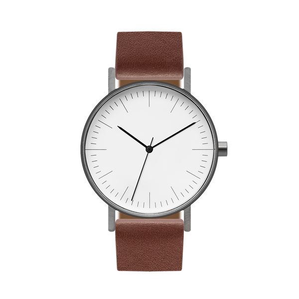 B001 Watch, Gunmetal Case, White Dial, Leather Strap - Coffee