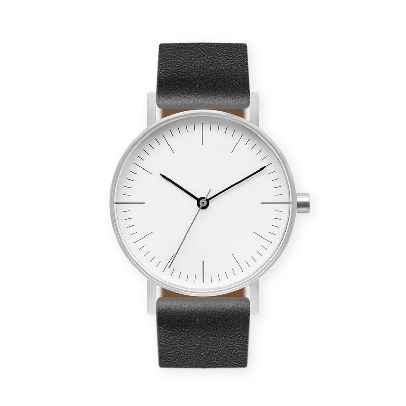 B001 Watch, Silver Case, White Dial, Leather Strap