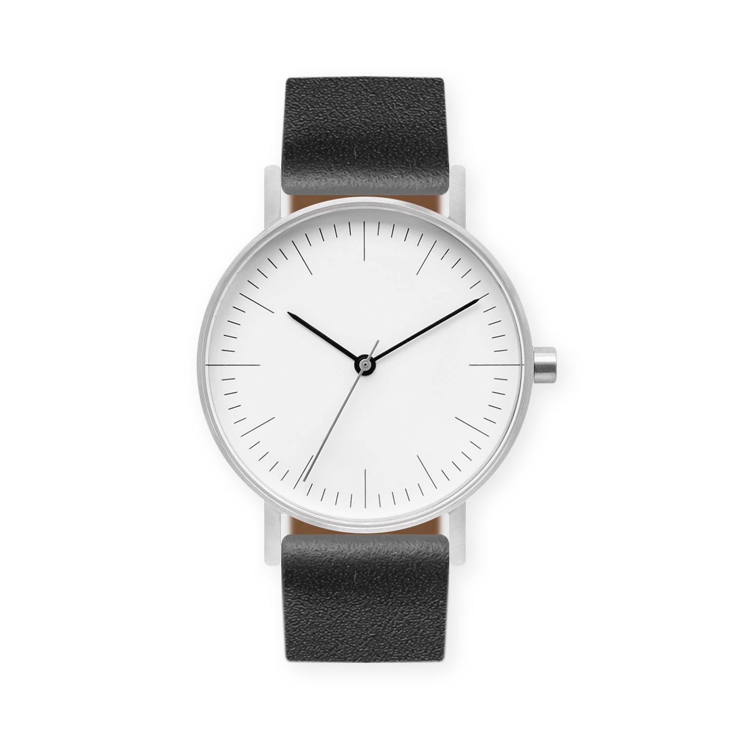 B001 Watch, Silver Case, White Dial, Leather Strap - Black - BIJOUONE