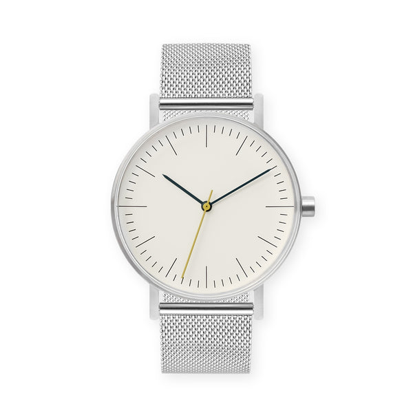 B001 Watch, Silver Case, Off White Dial, Stainless Steel Mesh Strap